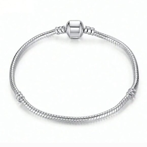 Sterling Silver S925 Snap Clasp Snake Chain European Charm Bracelet about 8" - Picture 2 of 8